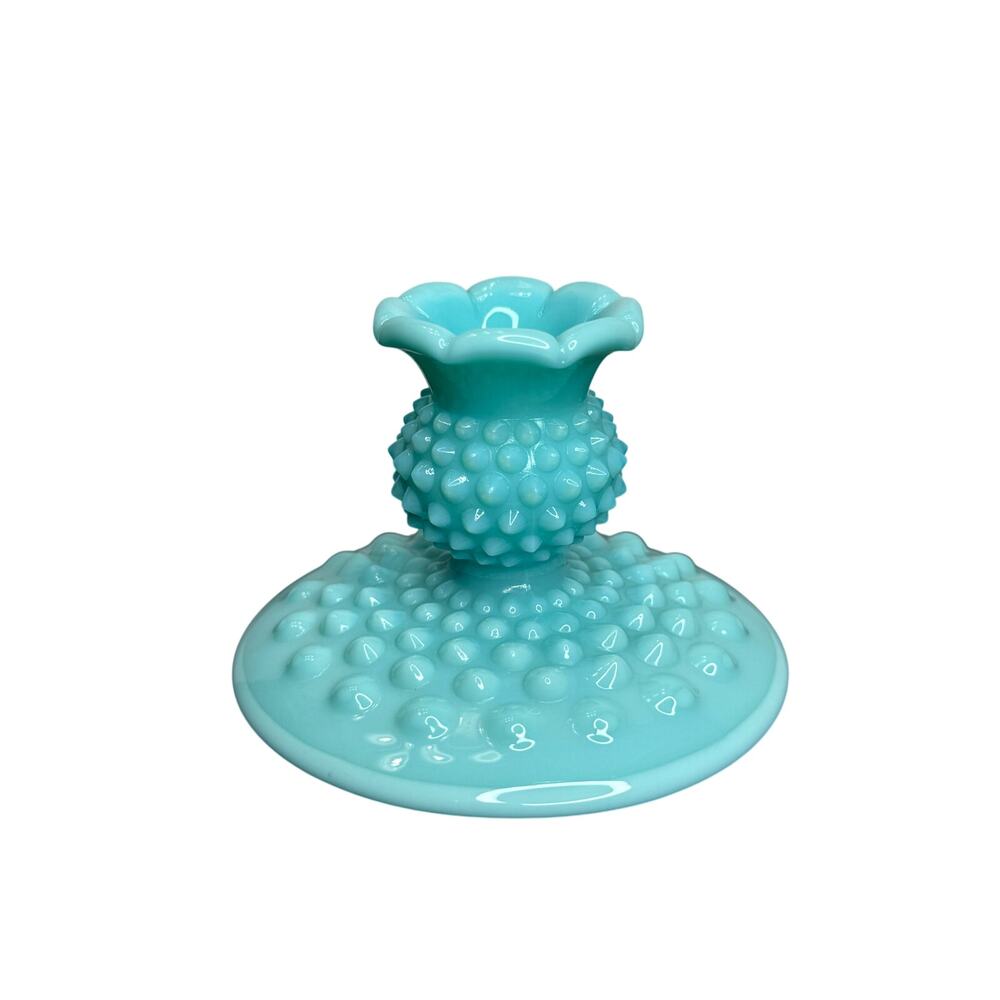 MCM 1948 Fenton Turquoise Milk Glass Hobnail Candlestick Holder 3"